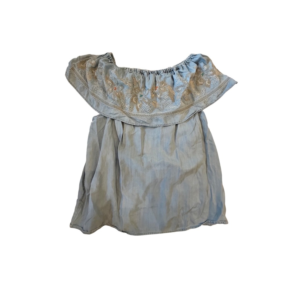 Reba Womens XL Light Wash Chambray Off The Shoulder Embroidered Ruffle Top Boho